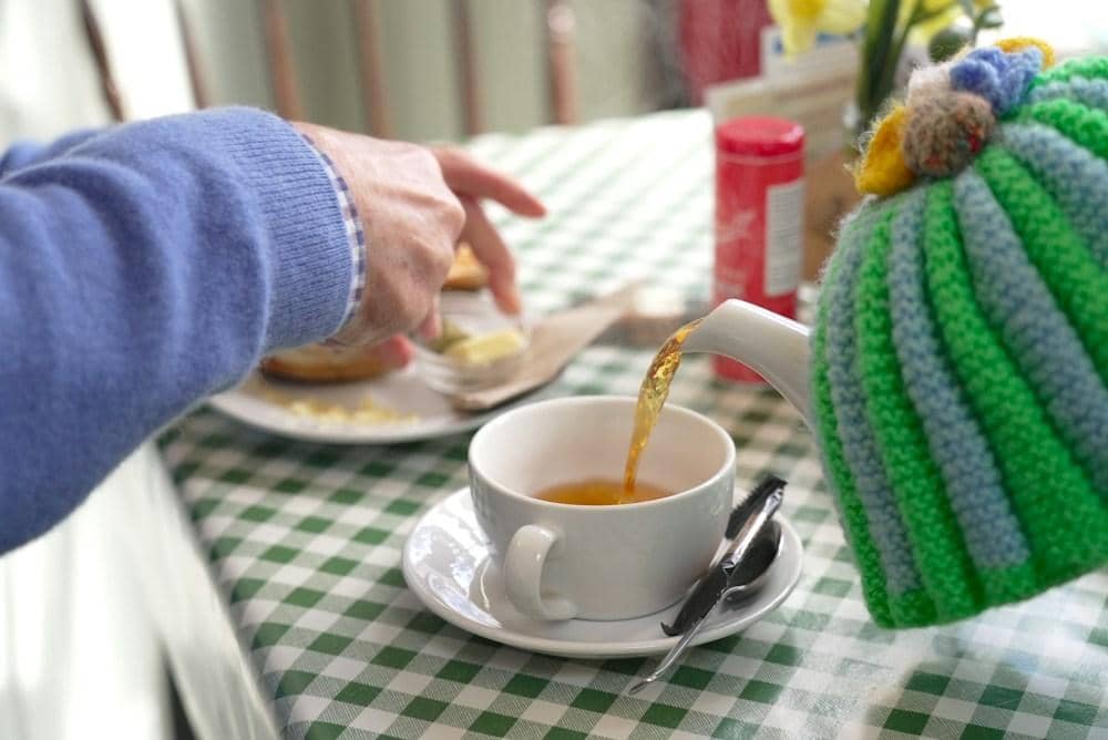 Tea being poured from a pot in a knitted tea cosy, on a gingham tablecloth Tea being poured from a pot in a knitted tea cosy, on a gingham tablecloth
